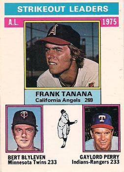 1976 O-Pee-Chee #204 1975 AL Strikeout Leaders (Frank Tanana / Bert Blyleven / Gaylord Perry) Front
