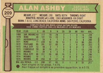1976 O-Pee-Chee #209 Alan Ashby Back