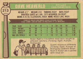 1976 O-Pee-Chee #213 Dave Heaverlo Back