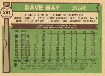 1976 O-Pee-Chee #281 Dave May Back