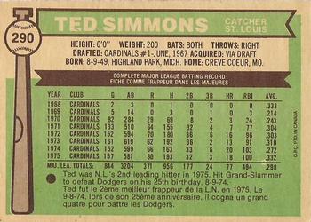 1976 O-Pee-Chee #290 Ted Simmons Back