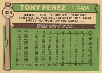 1976 O-Pee-Chee #325 Tony Perez Back