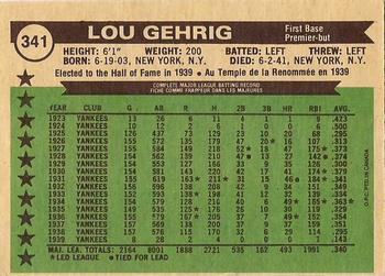 1976 O-Pee-Chee #341 Lou Gehrig Back