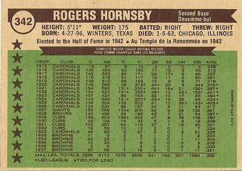 1976 O-Pee-Chee #342 Rogers Hornsby Back