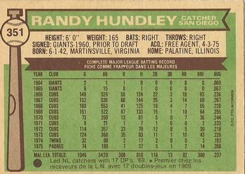 1976 O-Pee-Chee #351 Randy Hundley Back
