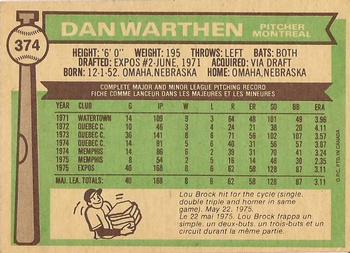 1976 O-Pee-Chee #374 Dan Warthen Back