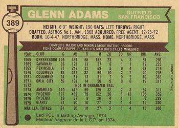 1976 O-Pee-Chee #389 Glenn Adams Back