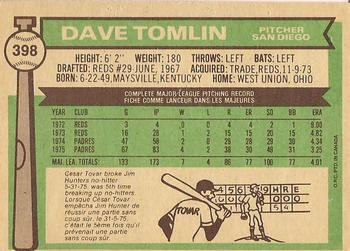 1976 O-Pee-Chee #398 Dave Tomlin Back