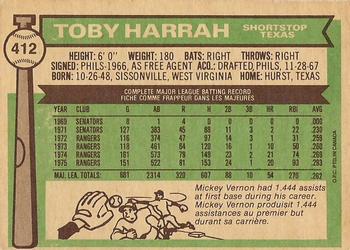 1976 O-Pee-Chee #412 Toby Harrah Back