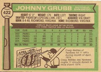 1976 O-Pee-Chee #422 Johnny Grubb Back