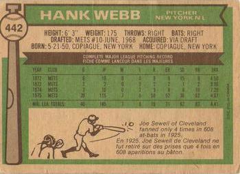 1976 O-Pee-Chee #442 Hank Webb Back