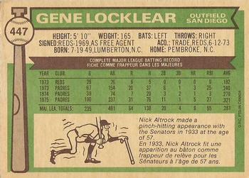 1976 O-Pee-Chee #447 Gene Locklear Back
