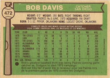 1976 O-Pee-Chee #472 Bob Davis Back
