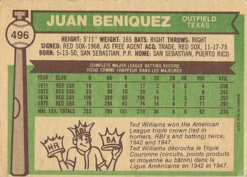 1976 O-Pee-Chee #496 Juan Beniquez Back