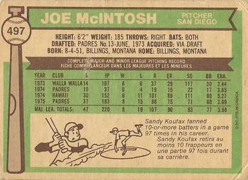 1976 O-Pee-Chee #497 Joe McIntosh Back