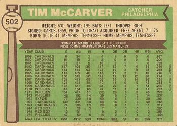 1976 O-Pee-Chee #502 Tim McCarver Back