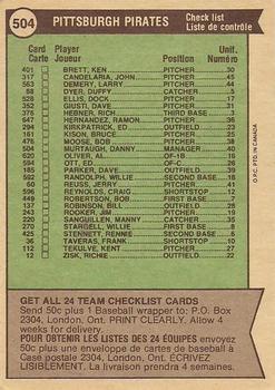 1976 O-Pee-Chee #504 Pittsburgh Pirates / Danny Murtaugh Back