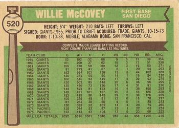 1976 O-Pee-Chee #520 Willie McCovey Back