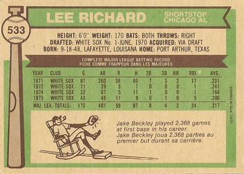 1976 O-Pee-Chee #533 Lee Richard Back