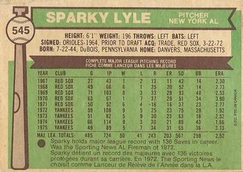 1976 O-Pee-Chee #545 Sparky Lyle Back
