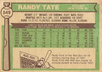 1976 O-Pee-Chee #549 Randy Tate Back