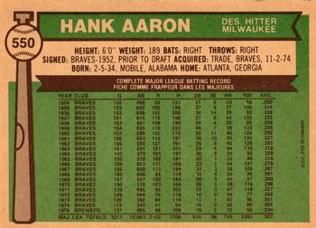 1976 O-Pee-Chee #550 Hank Aaron Back