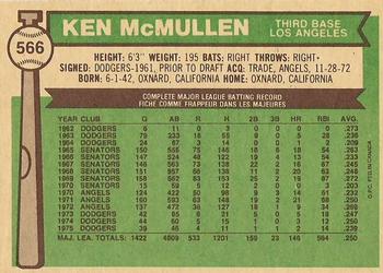 1976 O-Pee-Chee #566 Ken McMullen Back
