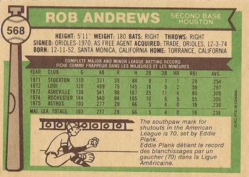 1976 O-Pee-Chee #568 Rob Andrews Back