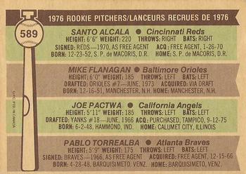 1976 O-Pee-Chee #589 1976 Rookie Pitchers (Santo Alcala / Mike Flanagan / Joe Pactwa / Pablo Torrealba) Back