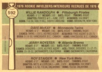 1976 O-Pee-Chee #592 1976 Rookie Infielders (Willie Randolph / Dave McKay / Jerry Royster / Roy Staiger) Back
