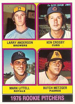 1976 O-Pee-Chee #593 1976 Rookie Pitchers (Larry Anderson / Ken Crosby / Mark Littell / Butch Metzger) Front
