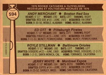 1976 O-Pee-Chee #594 1976 Rookie Catchers & Outfielders (Andy Merchant / Ed Ott / Royle Stillman / Jerry White) Back