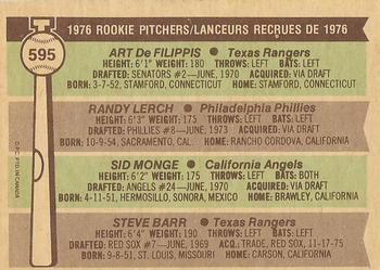 1976 O-Pee-Chee #595 1976 Rookie Pitchers (Art DeFilippis / Randy Lerch / Sid Monge / Steve Barr) Back
