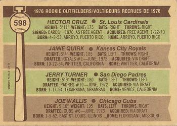 1976 O-Pee-Chee #598 1976 Rookie Outfielders (Hector Cruz / Jamie Quirk / Jerry Turner / Joe Wallis) Back