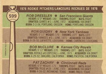 1976 O-Pee-Chee #599 1976 Rookie Pitchers (Rob Dressler / Ron Guidry / Bob McClure / Pat Zachry) Back
