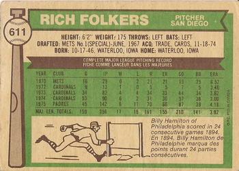 1976 O-Pee-Chee #611 Rich Folkers Back