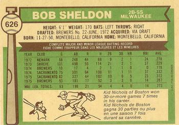 1976 O-Pee-Chee #626 Bob Sheldon Back