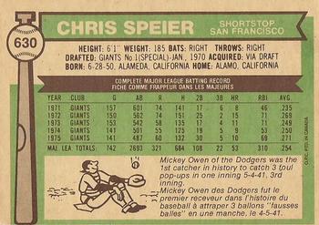 1976 O-Pee-Chee #630 Chris Speier Back