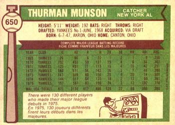 1976 O-Pee-Chee #650 Thurman Munson Back