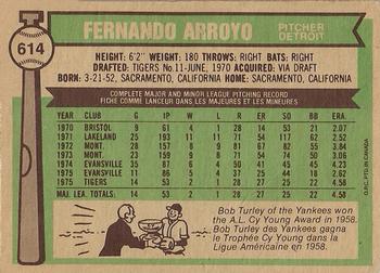 1976 O-Pee-Chee #614 Fernando Arroyo Back