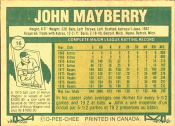 1977 O-Pee-Chee #16 John Mayberry Back
