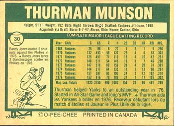 1977 O-Pee-Chee #30 Thurman Munson Back
