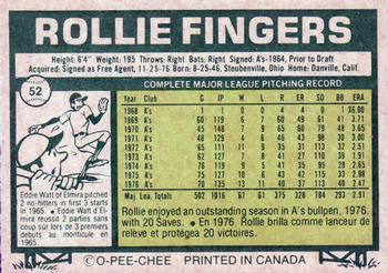 1977 O-Pee-Chee #52 Rollie Fingers Back