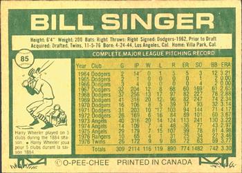 1977 O-Pee-Chee #85 Bill Singer Back