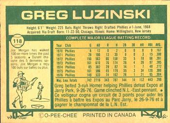 1977 O-Pee-Chee #118 Greg Luzinski Back