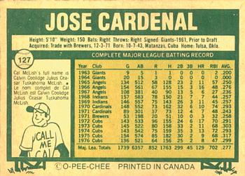 1977 O-Pee-Chee #127 Jose Cardenal Back