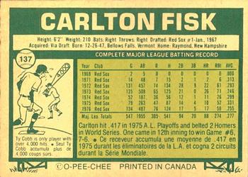 1977 O-Pee-Chee #137 Carlton Fisk Back