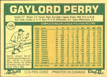 1977 O-Pee-Chee #149 Gaylord Perry Back