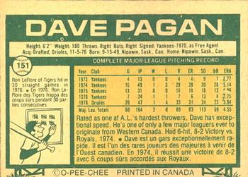 1977 O-Pee-Chee #151 Dave Pagan Back