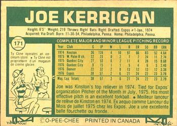 1977 O-Pee-Chee #171 Joe Kerrigan Back